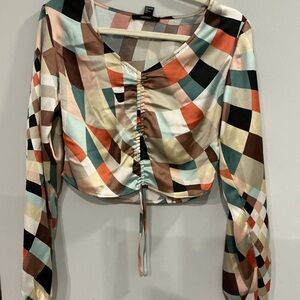 FOREVER 21 Geo Print Cinched Tie Front Cropped Blouse